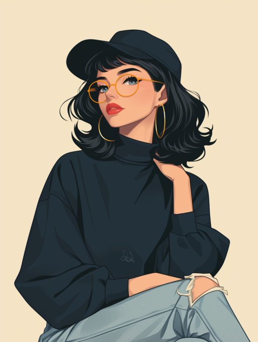The image features an illustration of a woman wearing glasses and a hat sitting down. The background appears to be white or light beige, which contrasts nicely with her dark clothing. There are no texts present in the image.