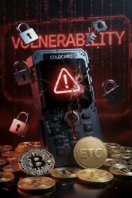 A dramatic graphic showing a cracked COLDCARD hardware wallet device displaying a warning symbol, surrounded by padlocks and floating cryptocurrency coins (Bitcoin and ETC), with the word "VULNERABILITY" in red.
