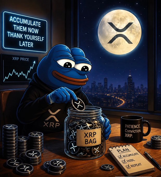 A blue Pepe-style frog mascot gathers XRP coins into a jar labeled "XRP BAG" beside a notepad reading "PLAN ☑ ACCUMULATE ☑ HOLD ☑ REPEAT," with a neon sign declaring "ACCUMULATE THEM NOW THANK YOURSELF LATER" and a moon bearing the XRP logo overhead—visually reinforcing the post's message of steady accumulation through every price cycle from $0.30 to $3.65 and beyond.