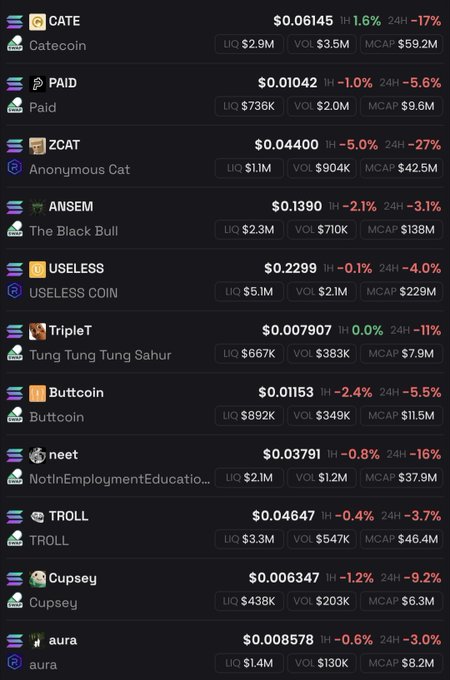 A cryptocurrency price tracking screen showing meme tokens like CATE (Catecoin) $0.06145, PAID (Paid) $0.01042, ZCAT (Anonymous Cat) $0.04000, ANSEM (The Black Bull) $0.1390, USELESS (USELESS COIN) $0.2299, TripleT (Tung Tung Tung Sahur) $0.007907, Buttcoin $0.01153, neet $0.03791, TROLL $0.04647, Cupsey $0.006347, and aura $0.008578 with their respective liquidity, volume, and market cap stats.