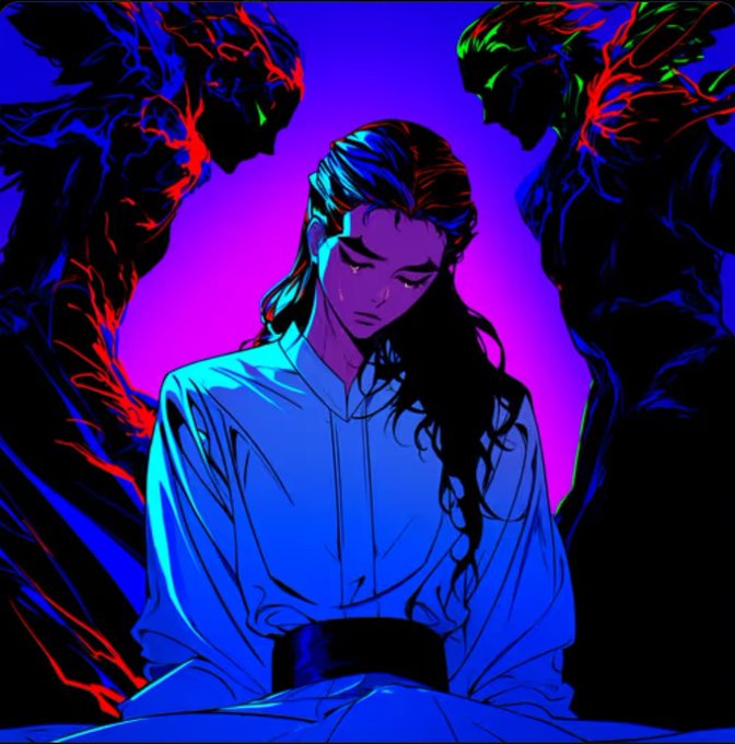 A vivid neon-style anime illustration of a sad, bowed figure surrounded by dark shadowy forms in red, blue, green, and purple.
