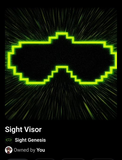 A digital NFT interface displaying a green pixelated 'Sight Visor' emblem with radiating lines, labeled 'Sight Genesis' and 'Owned by You'.
