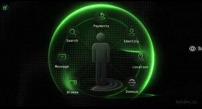 A green digital graphic showing a human figure silhouette surrounded by circular icons representing various services: Payments, Search, Identity, Message, Browse, Location, and Domain.