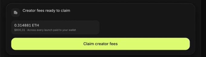 A digital interface displays a creator fees notification of '0.314881 ETH' ($800.31) with a bright yellow button labeled 'Claim creator fees'.