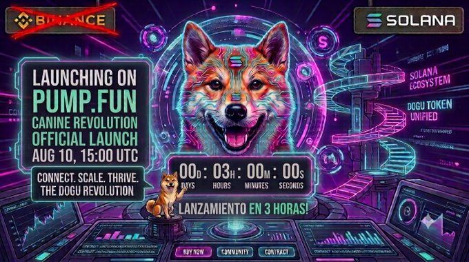 A promotional image for a DOGU token launch on Pump.fun via Solana, featuring a cyberpunk-styled Shiba Inu dog with a countdown timer showing 3 days, 3 hours to launch.