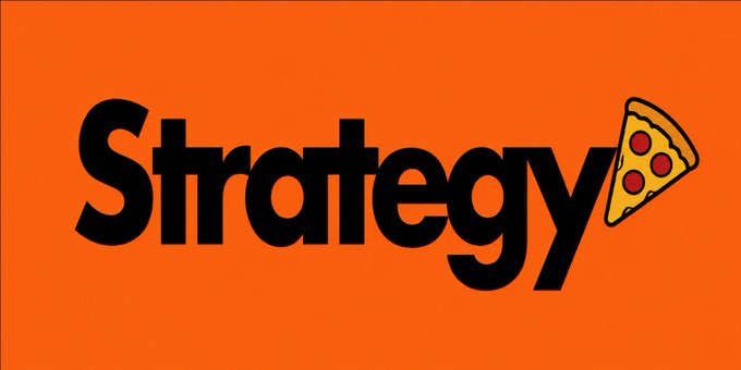 A bold orange graphic with the word 'Strategy' in black text accompanied by a pizza slice emoji on the right.