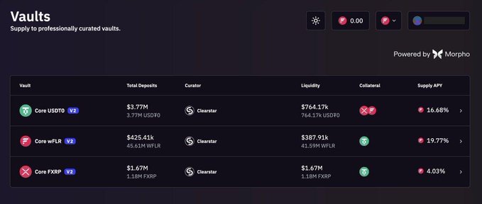 A screenshot of a crypto 'Vaults' platform powered by Morpho, listing curated vaults for Core USDT0 ($3.77M, 16.68% APY), Core wFLR ($425.41k, 19.77% APY), and Core FXRP ($1.67M, 4.03% APY).