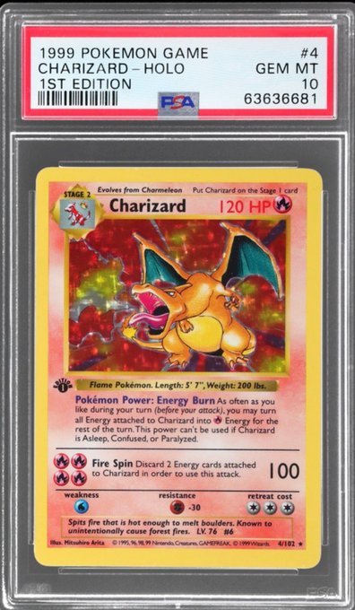 A PSA-graded 1999 Pokémon Game Charizard - Holo 1st Edition card, #4, rated Gem Mint 10.