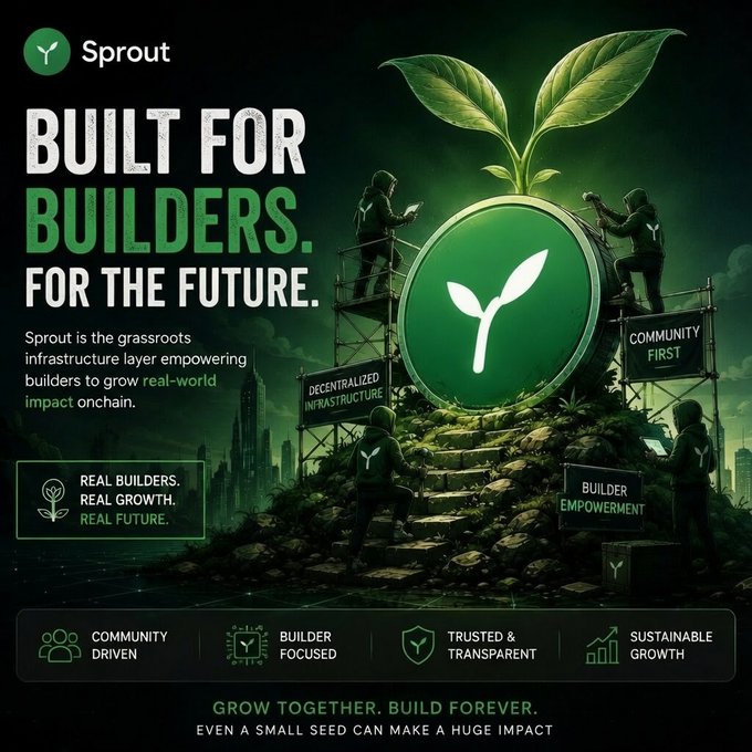 A promotional graphic for 'Sprout' cryptocurrency project with the tagline 'BUILT FOR BUILDERS. FOR THE FUTURE.' featuring builders constructing around a green sprout logo, emphasizing decentralized infrastructure and community.