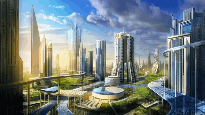 The image shows an aerial view of a futuristic cityscape with tall buildings, including skyscrapers and other architectural marvels. The city appears to be made entirely out of glass and steel, giving it a sleek and modern appearance. The sky above is filled with clouds, adding depth and dimension to the scene. In the foreground, there are two bridges that connect different parts of the city, possibly serving as transportation hubs or landmarks within this futuristic metropolis.