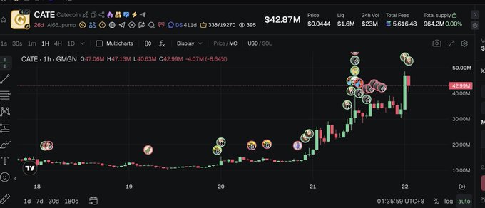 A TradingView chart of the CATE memecoin (Ai66...ppump) showing a 1-hour price surge to $47.13M, with a recent high near $47.99M, illustrating the post's claim of the token touching $48.78M and approaching a new all-time high after a 2,479x move.