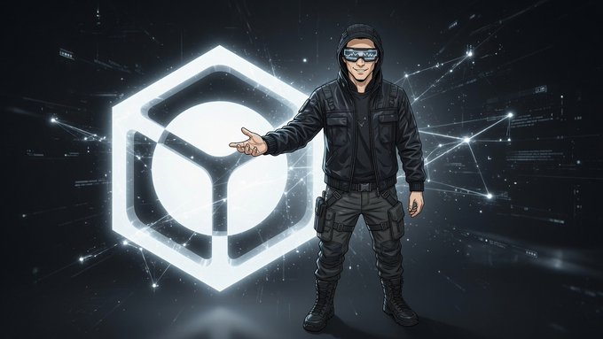 A digital illustration depicts a figure in a black hooded tactical outfit and dark visor pointing at a glowing white geometric logo resembling a cube with a circular element. The background is dark with network-like light patterns suggesting a technological or cybersecurity theme.