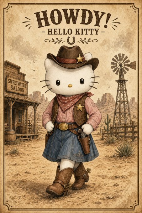 A vintage-style poster titled 'HOWDY! - HELLO KITTY -' depicting Hello Kitty dressed as a cowboy in a western town setting with a 'Sweetwater Saloon' and windmill in the background.