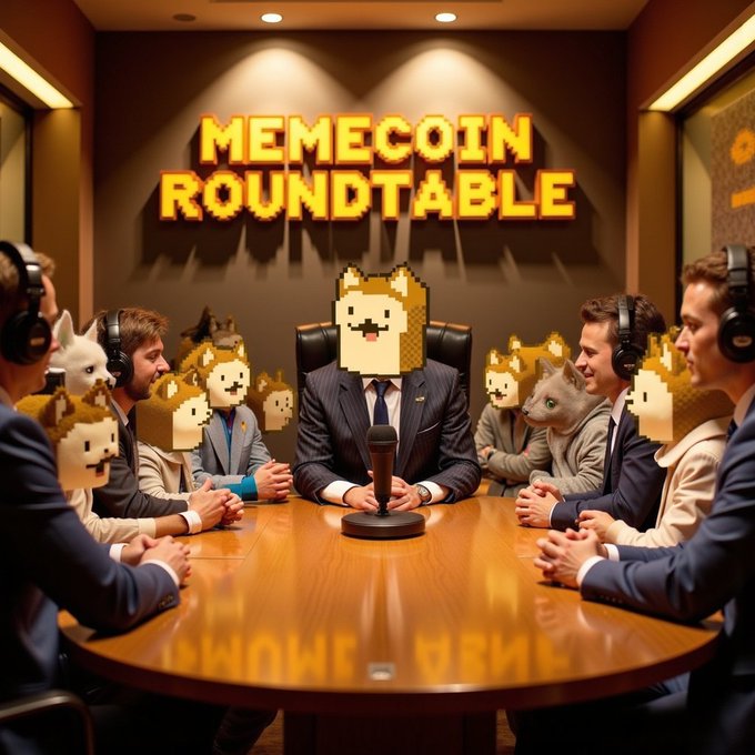 An illustration of a 'MEMECOIN ROUNDTABLE' discussion featuring people and cats with pixelated dog faces sitting around a wooden conference table with microphones.