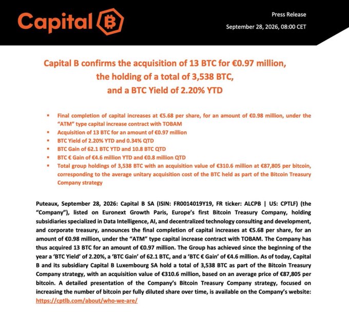 A Capital B press release dated September 28, 2026 announcing the acquisition of 13 BTC for €0.97 million, bringing total holdings to 3,538 BTC with a BTC Yield of 2.20% YTD.