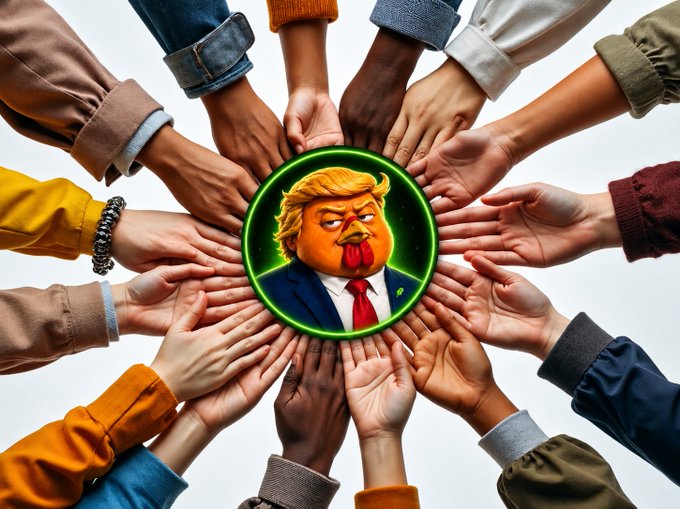An AI-generated image showing multiple hands joined together in a circle around a Pepe-style cartoon depiction of Donald Trump.