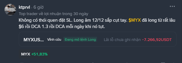 A social media post by 'ktprv' in Vietnamese discussing a top trader's profits over 30 days, mentioning $MYX and describing a long position taken on 12/12, showing MYX +51.83% with -7,266.92USDT in unrealized losses.