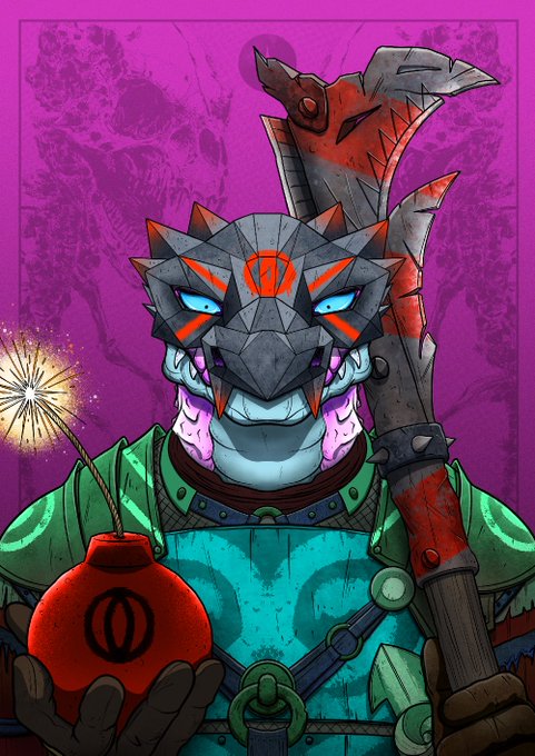 An illustrated character with a jagged metallic wolf-like helmet, wearing green and blue armor, holding a spiked club and a red orb with a lit sparkler.