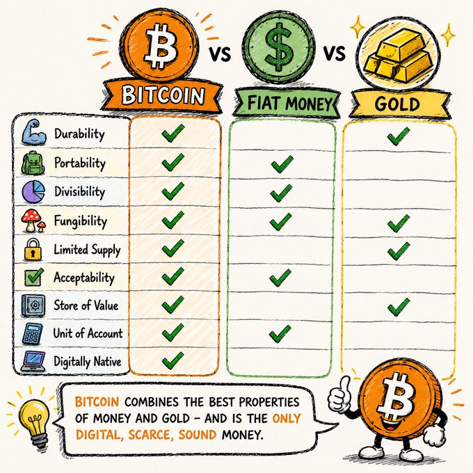 An illustrated comparison chart of 'BITCOIN vs FIAT MONEY vs GOLD' evaluating their qualities across various properties like durability, portability, and fungibility, concluding that Bitcoin combines the best properties of money and gold.