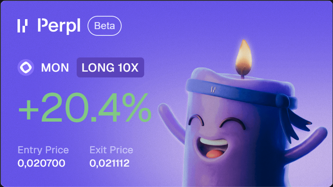 A promotional graphic for the 'Perpl' crypto trading platform (Beta) showing a MON LONG 10X position with +20.4% gain, alongside a 3D animated candle character wearing a blue headband.
