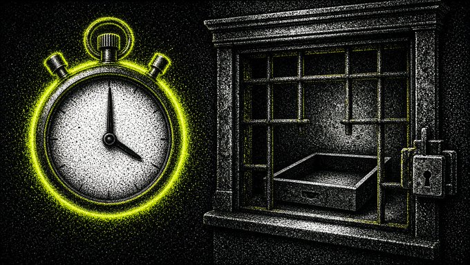 An artistic illustration features a glowing yellow stopwatch next to a dark, barred vault or window containing an open drawer, all rendered in a stippled, sketch-like style against a black background.