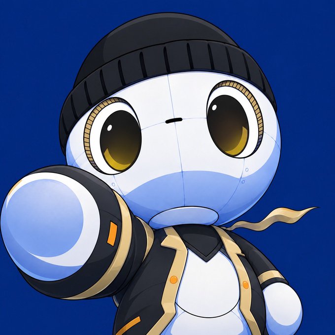 An illustration of a cute cartoon character with a round white face, large yellow eyes, wearing a black beanie and jacket with gold accents, holding what appears to be a camera lens, against a blue background.