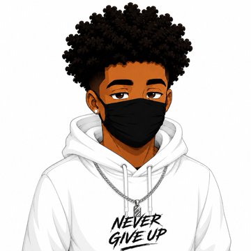 An anime-style illustration of a young person with curly hair wearing a black face mask and a white hoodie featuring the text 'NEVER GIVE UP'.