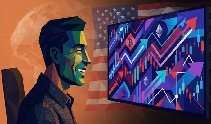 A colorful digital illustration shows a man in profile smiling while looking at a screen displaying cryptocurrency charts, with the American flag visible in the background.