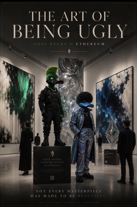 An art gallery promotional poster reads "THE ART OF BEING UGLY UGLY DUCKS - ETHEREUM," featuring two statues with cartoonish duck heads alongside abstract paintings, with the text "NOT EVERY MASTERPIECE WAS MADE TO BE BEAUTIFUL."