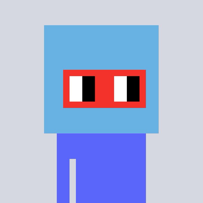 A simple pixel art character with a blue square head, red glasses, and a purple body stands against a gray background.