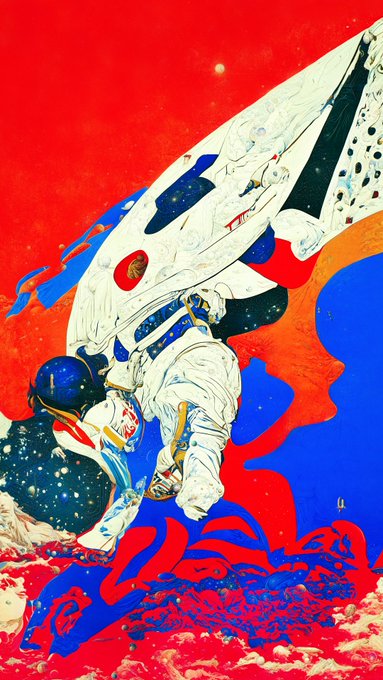 A stylized, vibrant red and blue illustration of an astronaut with a rocket, set against a cosmic background.