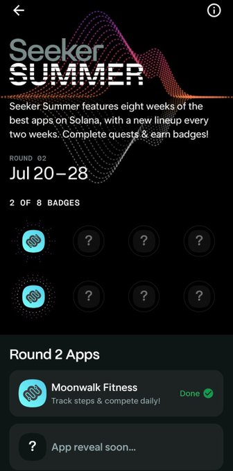 A 'Seeker Summer' app screen for Solana featuring eight weeks of apps with quests and badges, showing Round 2 (Jul 20-28) with 'Moonwalk Fitness' completed.
