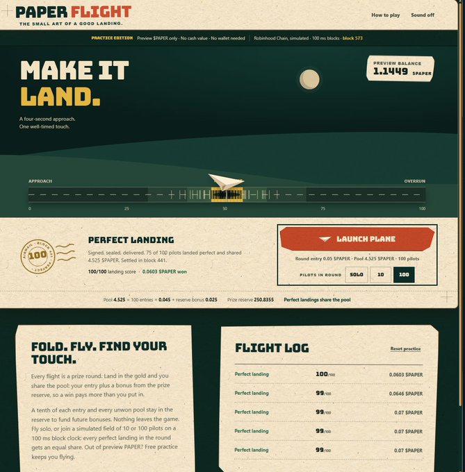 A 'Paper Flight' web game interface features a paper plane landing game with a preview balance of 1,144.9 SPAPER, showing approach, runway, and flight log sections on a dark green background.