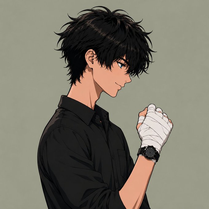 An anime-style illustration shows a black-haired male character in profile wearing a black shirt, with one hand wrapped in white boxing tape and a black watch.