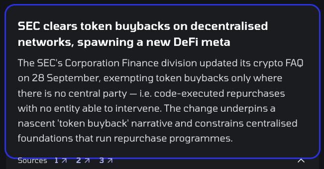The image shows a news card titled "SEC clears token buybacks on decentralised networks, spawning a new DeFi meta," detailing that the SEC's Corporation Finance division updated its crypto FAQ on 28 September to exempt token buybacks where no central party is involved (code-executed repurchases), reinforcing a "token buyback" narrative and constraining centralised foundations running repurchase programmes.

This directly supports the post's bullish stance on buyback tokens like $PENDLE, $FLUID, and $SYRUP by highlighting regulatory clarity that favors decentralised buyback mechanisms as an emerging DeFi meta.