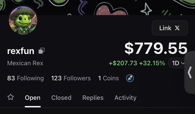 A profile for "Mexican Rex" (rexfun) on a social/trading platform displays a portfolio value of $779.55, up $207.73 (+32.15%) over 1 day, with 123 followers. The post appears to be a promotional crypto message soliciting a collaboration with @mdudas, unrelated to the trading dashboard shown.