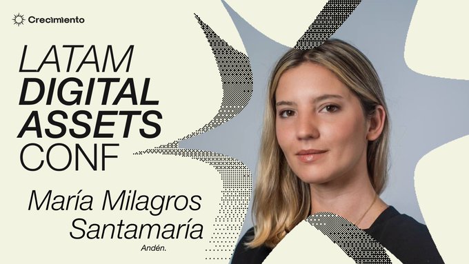 Promotional graphic for the 'LATAM DIGITAL ASSETS CONF' featuring a headshot of María Milagros Santamaría from Andén, with the 'Crecimiento' logo in the corner.
