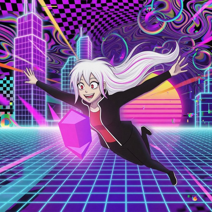A vibrant anime-style illustration features a smiling white-haired character with red eyes in a black and red outfit, flying joyfully through a neon 80s synthwave landscape with purple grid floors and glowing skyscrapers.
