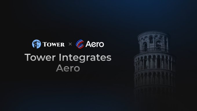 A promotional graphic with a dark background showing the Leaning Tower of Pisa, announcing 'Tower Integrates Aero' alongside the TOWER and Aero logos.