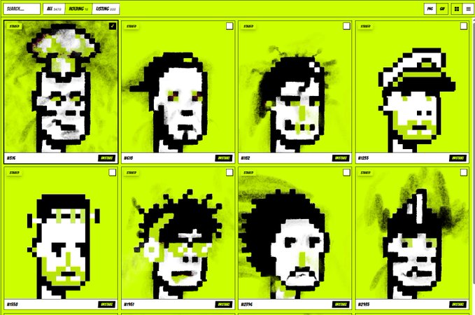 A grid displaying eight pixelated, black-and-white portrait avatars (numbered #256, #282, #259, #295, #288, #297, #294, #299) against a bright neon green background, resembling a character selection screen.