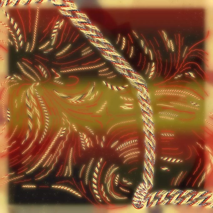 An abstract digital artwork featuring swirling red, yellow, and black patterns with a textured chain element running through the composition.