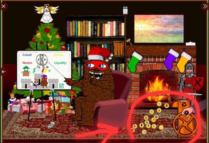 A furry creature in a Santa hat points to an easel labeled "Cobalt," "Liquidity," and "Nostro" in a festive room with a Christmas tree, stockings, and fireplace, while a red circle highlights coins marked with "X" symbols. The image visually suggests the elimination of competitors in the crypto space, reinforcing the post's claim that XRP already has legal clarity and will emerge as the sole survivor after regulatory collapse.