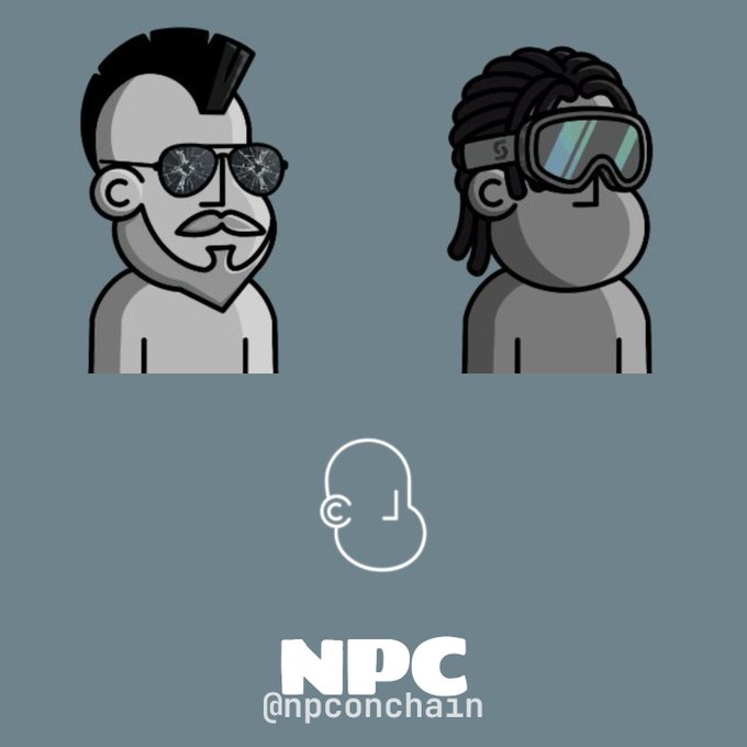 Two cartoon-style characters wearing sunglasses and goggles respectively, with a minimalist face icon and the text 'NPC @npconchain' below.