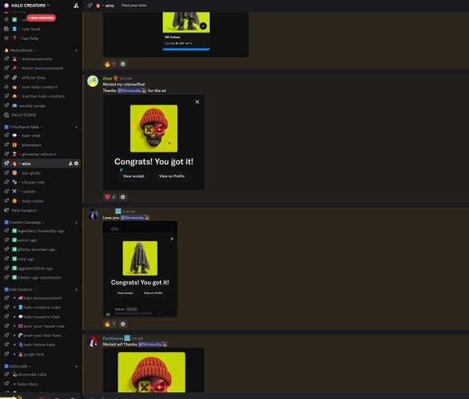 A Discord screenshot from the Halo Creators server showing users "Wins" channel where members like @RobinWifHat and @livemurda are receiving "Congrats! You got it!" messages after minting NFTs (a yellow beanie character and a grayscale avatar). The image illustrates the successful NFT mint giveaway ("gtd") promotion, with the post claiming $30-to-$400 ATH performance, 6X gains, and $2,400 gross profit earned from guaranteed mint spots shared with Halo Creators members.