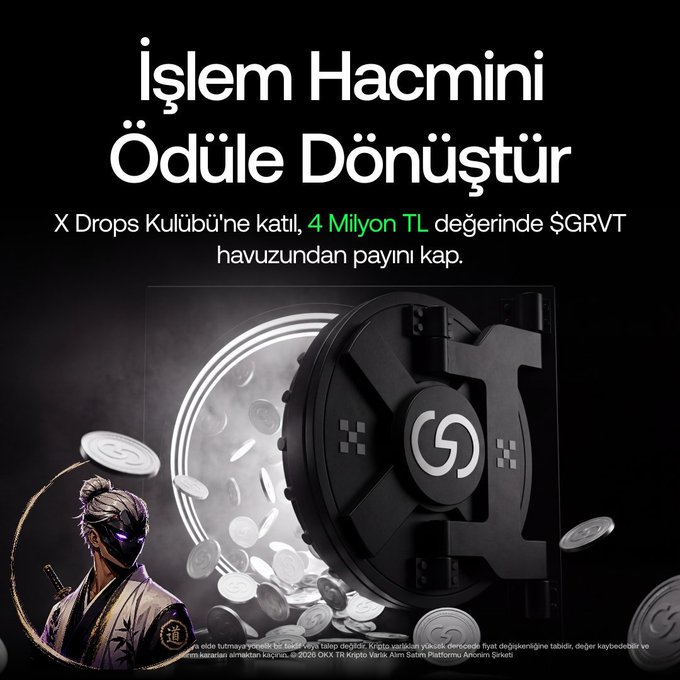 Turkish promotional graphic reading 'İşlem Hacmini Ödüle Dönüştür' and 'X Drops Kulübü'ne katıl, 4 Milyon TL değerinde $GRVT havuzundan payını kap,' featuring a samurai character and a vault filled with coins.