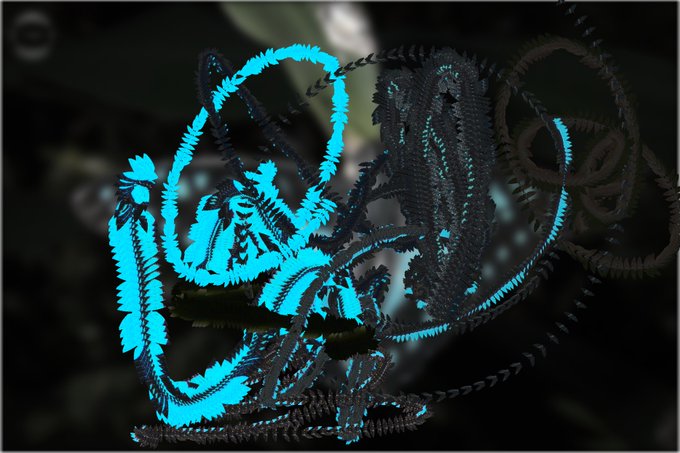 Dark abstract digital artwork featuring a glowing cyan-blue ornate filigree or emblem design with intricate curved and spiked patterns against a black background.