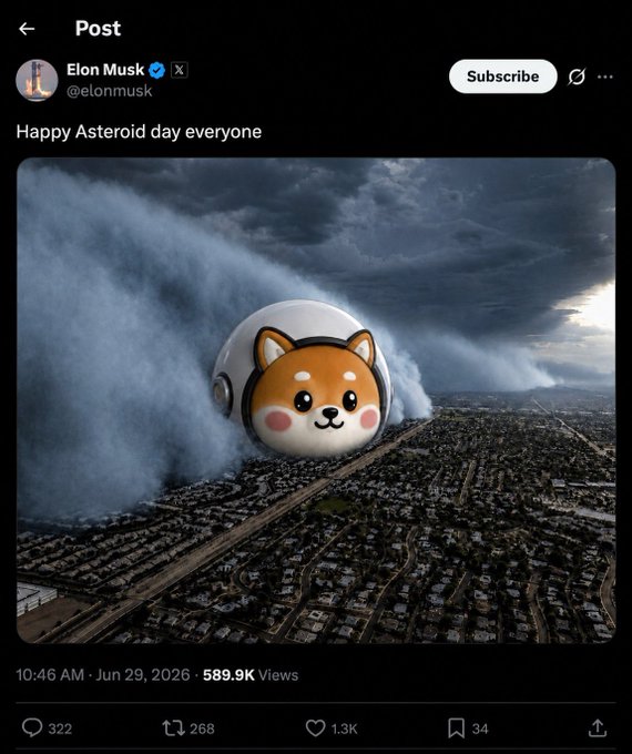 A screenshot of an X (formerly Twitter) post by Elon Musk (@elonmusk) dated June 29, 2026, at 10:46 AM, captioned "Happy Asteroid day everyone," featuring a dramatic image of a large Shiba Inu (Dogecoin mascot) wearing a spacesuit helmet hurtling toward a city below, presumably symbolizing the $ASTEROID token mentioned in the accompanying caption. The post has 589.9K views, 1.3K likes, 268 reposts, and 322 replies.