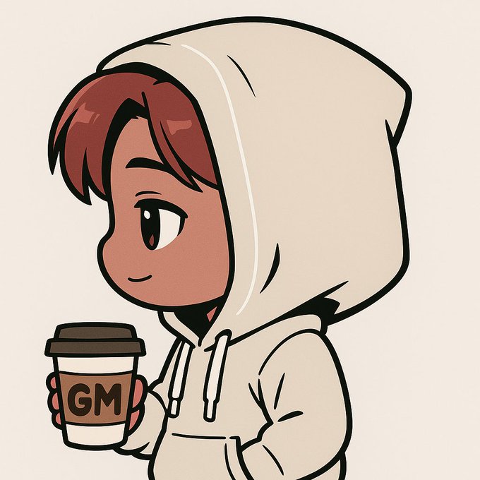 Cartoon illustration of a character with reddish-brown hair wearing a cream-colored hoodie and holding a coffee cup labeled 'GM'.
