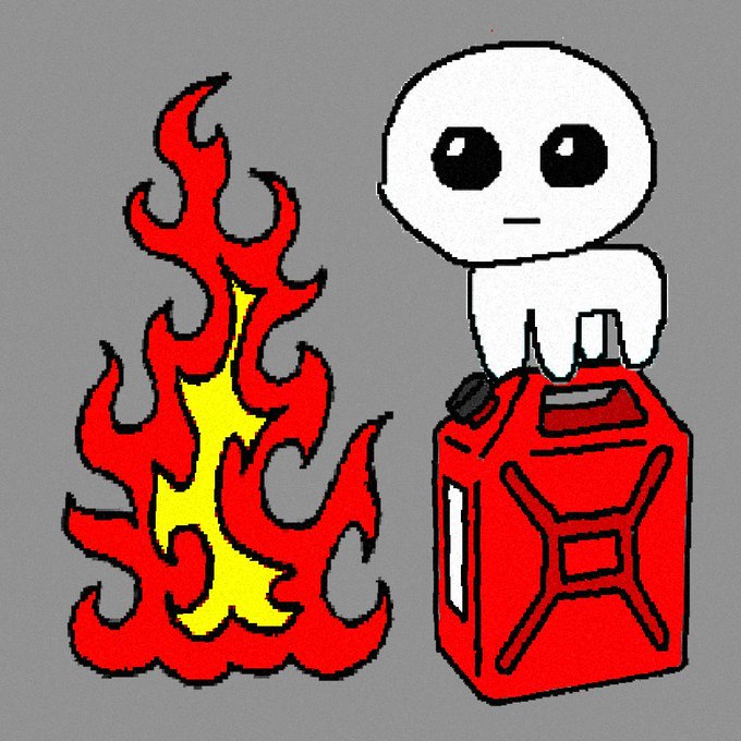 A simple cartoon drawing showing a small white character with large black eyes standing atop a red gasoline can next to a large stylized red and yellow flame.