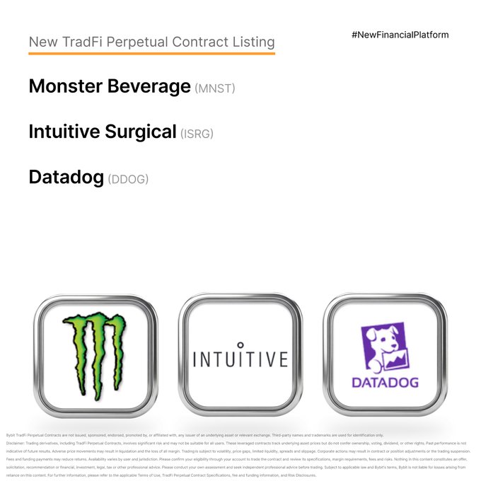 A promotional graphic for Bybit announcing the listing of new TradFi perpetual contracts, featuring logos and tickers for Monster Beverage (MNST), Intuitive Surgical (ISRG), and Datadog (DDOG), with a disclaimer noting these contracts are not issued or sponsored by the underlying assets.